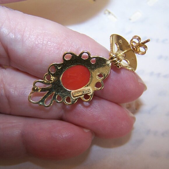 Etruscan Revival 18K Gold Orange Coral Dangle Drop Earrings - Posts with Nuts - Picture 6 of 6